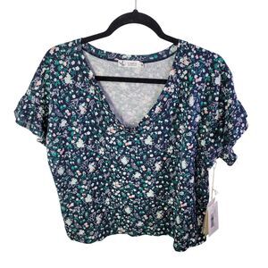 Carve Designs Womens Sz M Blue Floral Short Sleeve Hazel Semi Crop Top